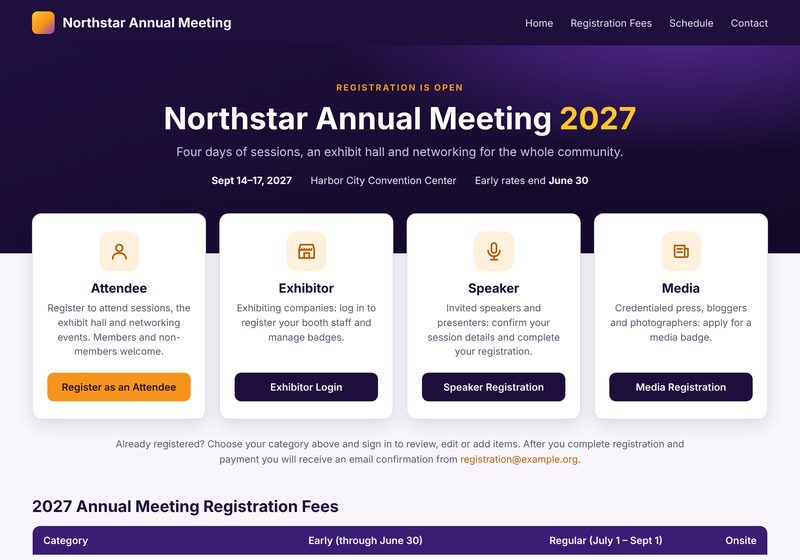 Sample registration home page with four start options: Attendee, Exhibitor, Speaker and Media