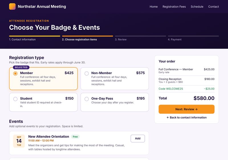 Sample badge type and event selection page with fees